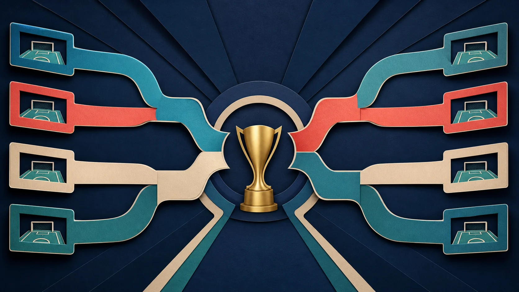 Editorial illustration of eight soccer playoff paths converging toward a championship trophy