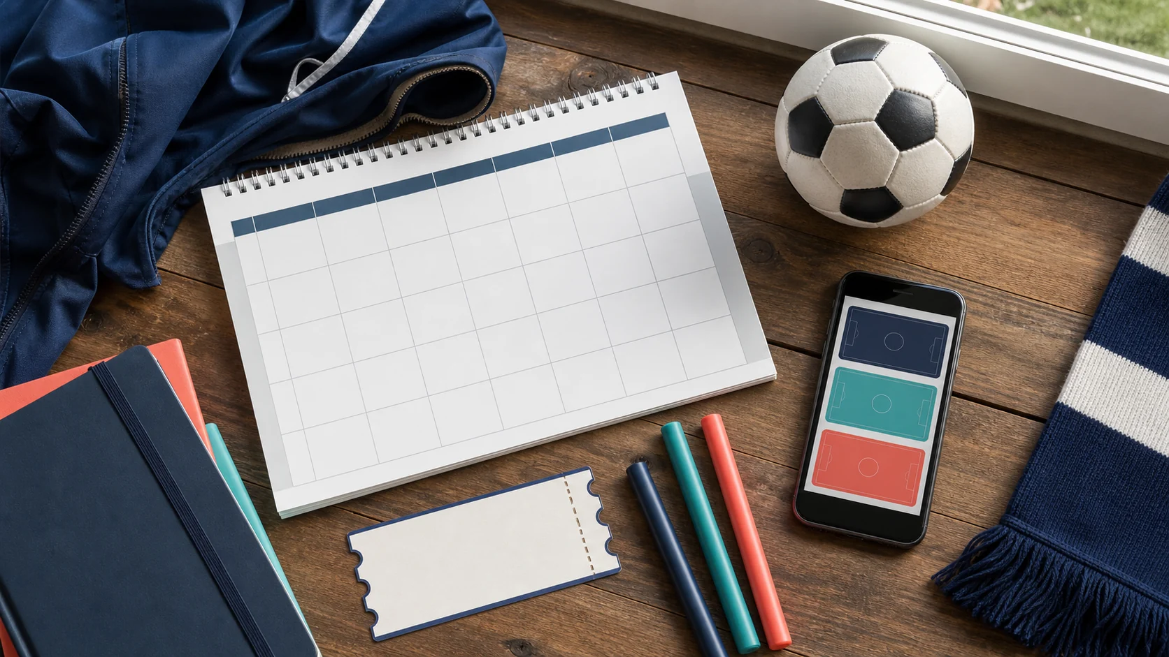 Soccer season planning desk with a blank calendar, phone match cards and a ball