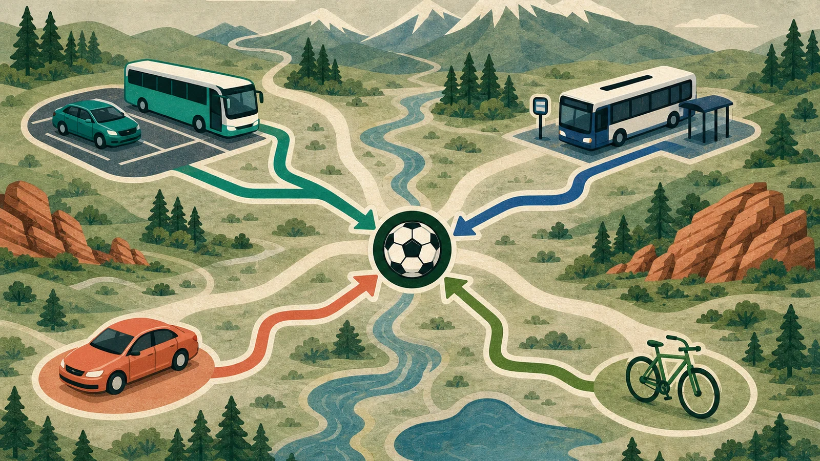 Stylized Colorado route map showing shuttle, bus, rideshare and bicycle options for a soccer match