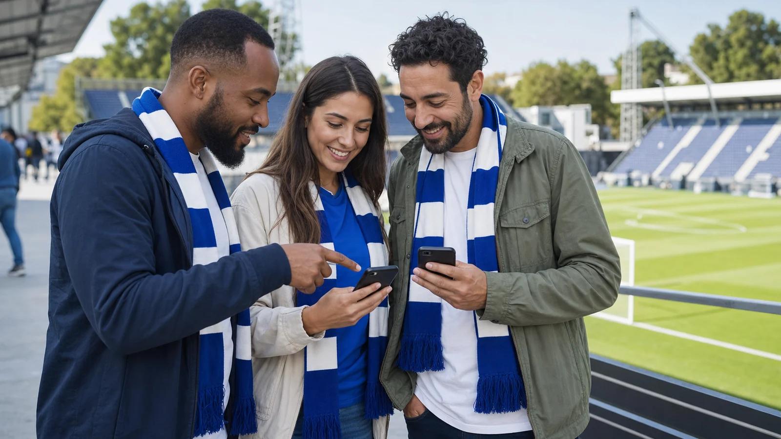 Three soccer fans comparing generic mobile ticket options before a match