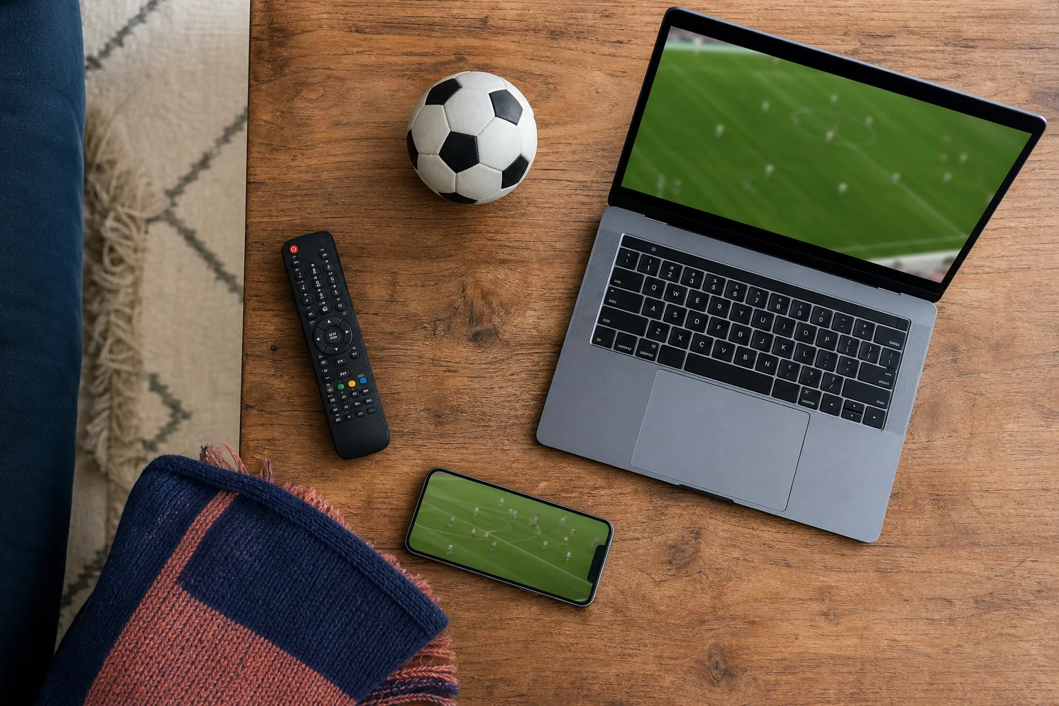 Unbranded laptop, phone and television remote arranged for watching a soccer match